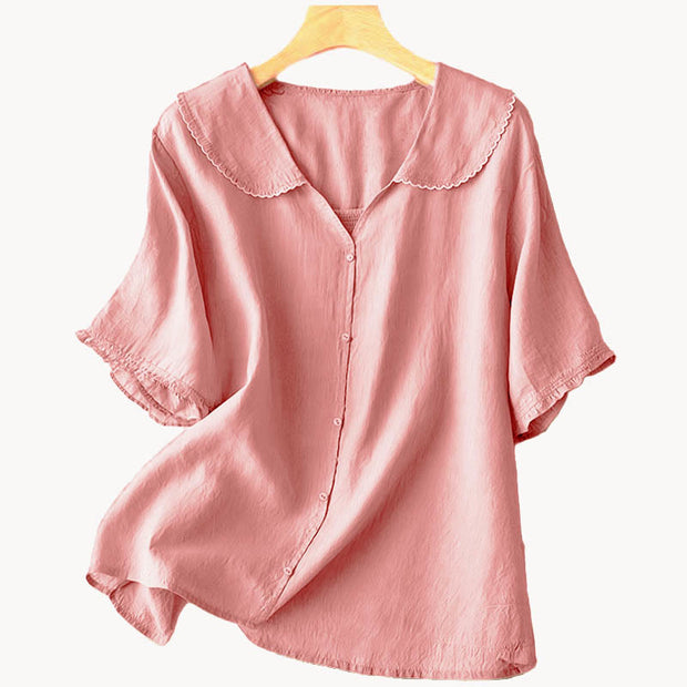 Buddha Stones Casual Plain Button Half Sleeve Middy Collar Cotton Women's Shirt - image 26