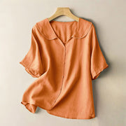 Buddha Stones Casual Plain Button Half Sleeve Middy Collar Cotton Women's Shirt - SandyBrown - US12，UK/AU16，EU44 (2XL) - image 7