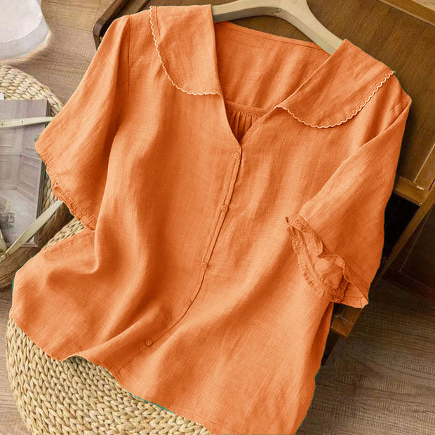 Buddha Stones Casual Plain Button Half Sleeve Middy Collar Cotton Women's Shirt - image 11