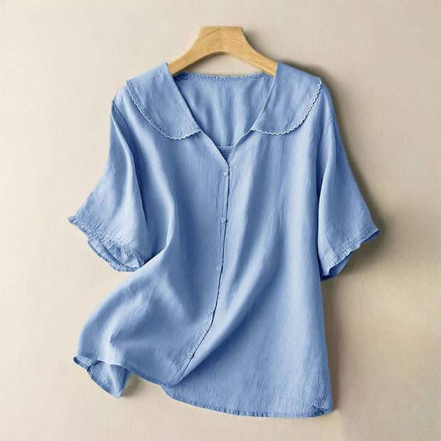 Buddha Stones Casual Plain Button Half Sleeve Middy Collar Cotton Women's Shirt - CornflowerBlue - US12，UK/AU16，EU44 (2XL) - image 13