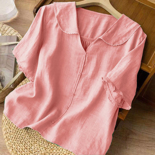 Buddha Stones Casual Plain Button Half Sleeve Middy Collar Cotton Women's Shirt - image 25