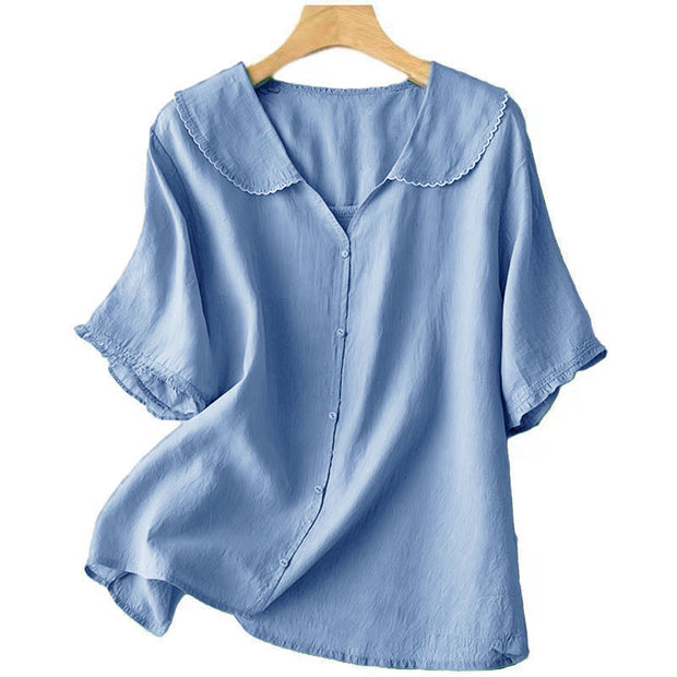 Buddha Stones Casual Plain Button Half Sleeve Middy Collar Cotton Women's Shirt - image 18
