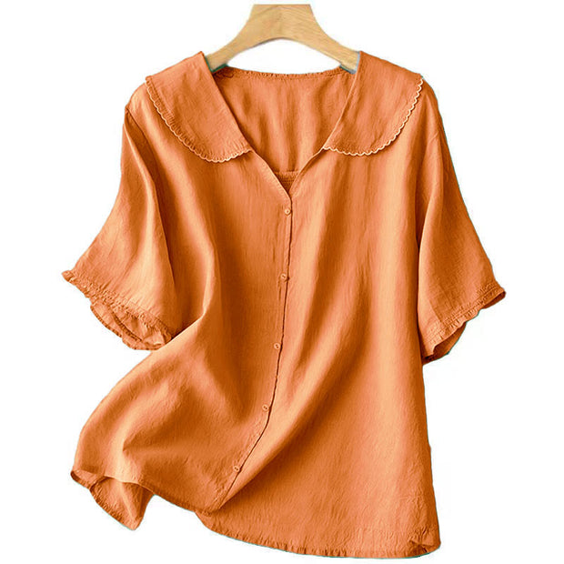 Buddha Stones Casual Plain Button Half Sleeve Middy Collar Cotton Women's Shirt - image 8