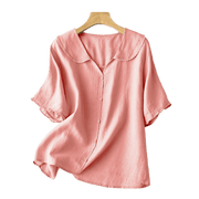 Buddha Stones Casual Plain Button Half Sleeve Middy Collar Cotton Women's Shirt - image 29