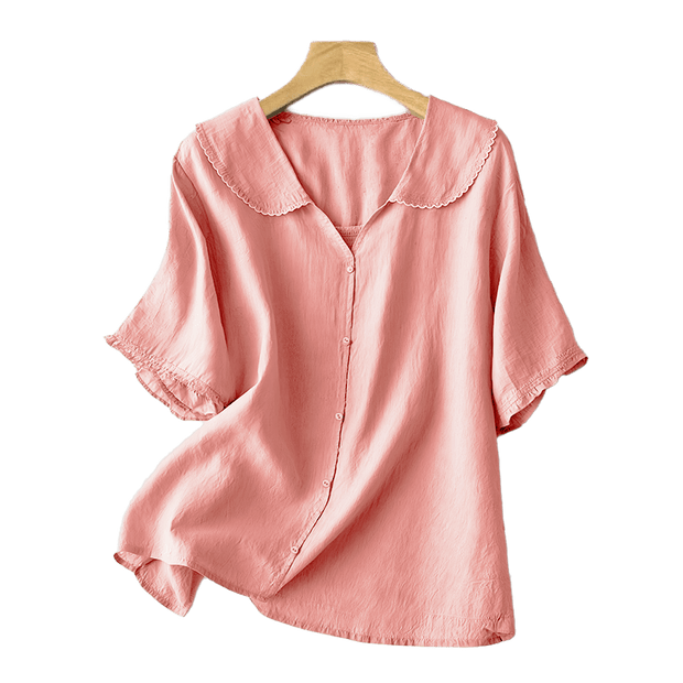 Buddha Stones Casual Plain Button Half Sleeve Middy Collar Cotton Women's Shirt - image 29