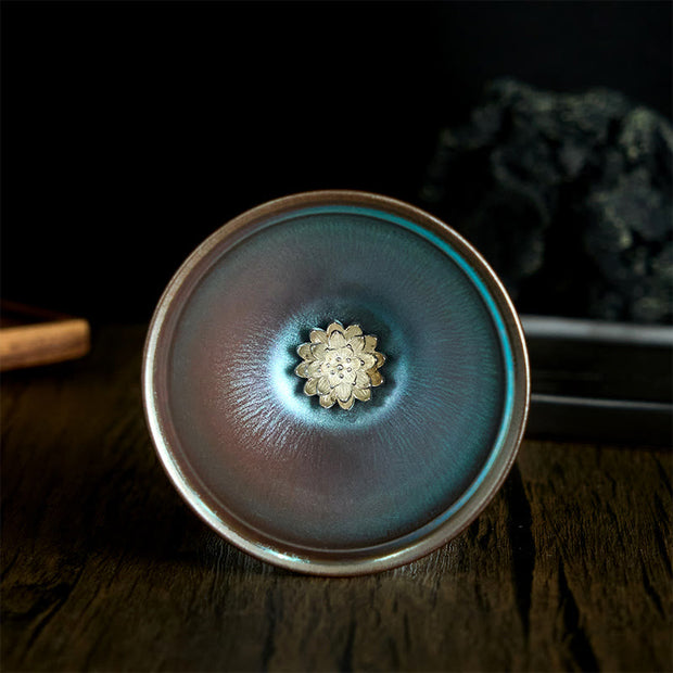 Buddha Stones Handmade Chinese Jianzhan Lotus Flower Blue Purple Ceramic Teacup Kung Fu Tea Cup 150ml - 9*5cm*150ml - image 1