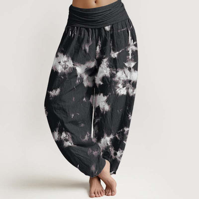 Buddha Stones Pure Cotton White Lines Spots Tie-Dye Pattern Women's Elastic Waist Harem Pants - Black - US22，UK/AU26，EU54 (6XL) - image 0