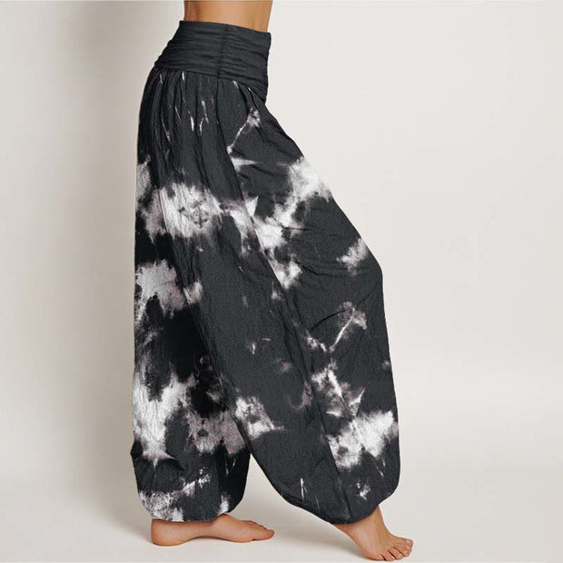 Buddha Stones Pure Cotton White Lines Spots Tie-Dye Pattern Women's Elastic Waist Harem Pants - image 1
