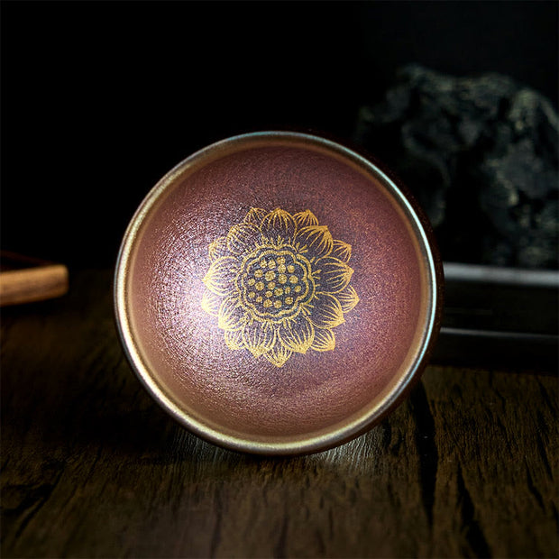 Buddha Stones Handmade Chinese Jianzhan Golden Lotus Flower Ceramic Teacup Kung Fu Tea Cup 150ml - 9cm*150ml - image 1