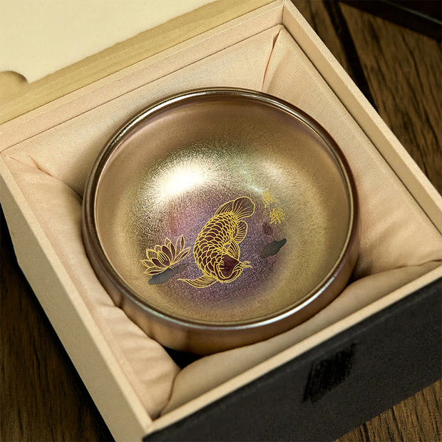 Buddha Stones Handmade Chinese Jianzhan Koi Fish Lotus Leaf Ceramic Teacup Kung Fu Tea Cup 150ml - Gold Koi Fish 8.8cm*5.5cm*150ml - Gift Box - image 5