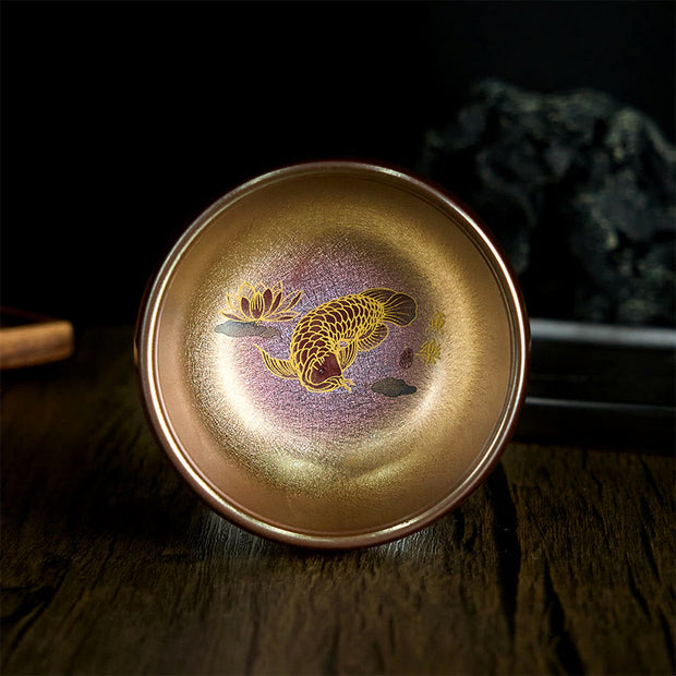 Buddha Stones Handmade Chinese Jianzhan Koi Fish Lotus Leaf Ceramic Teacup Kung Fu Tea Cup 150ml - Gold Koi Fish 8.8cm*5.5cm*150ml - Without Gift Box - image 1