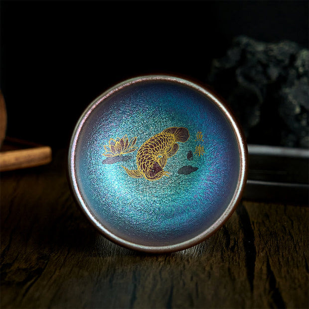 Buddha Stones Handmade Chinese Jianzhan Koi Fish Lotus Leaf Ceramic Teacup Kung Fu Tea Cup 150ml - Blue Gold Koi Fish 8.8cm*5.5cm*150ml - Without Gift Box - image 11