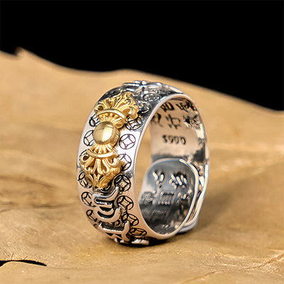 Buddha Stones Vintage Om Mani Padme Hum Vajra Copper Pleated Silver Balance Ring - Copper(US7-US11) - image 1