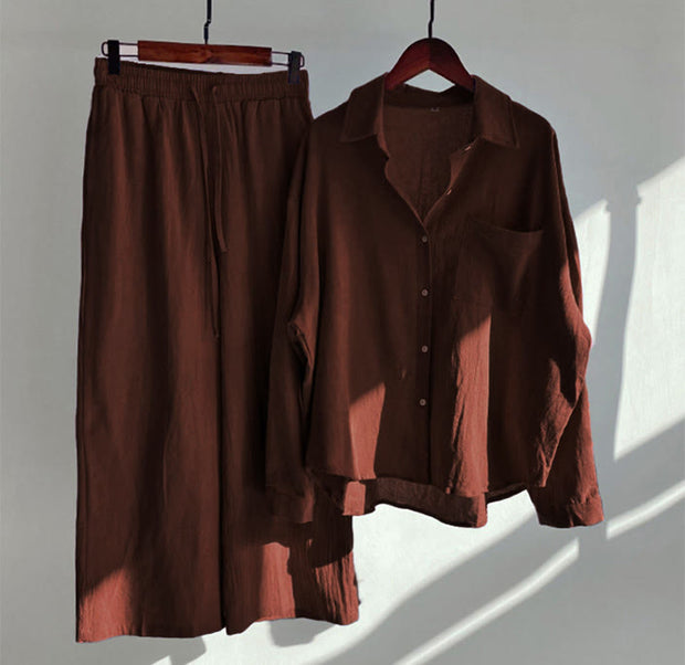 Buddha Stones 2Pcs Long Sleeve Shirt Top With Pockets Drawstring Pants Meditation Cotton Linen Clothing Women's Set - FireBrick - US20，UK/AU24，EU52 (5XL) - image 7