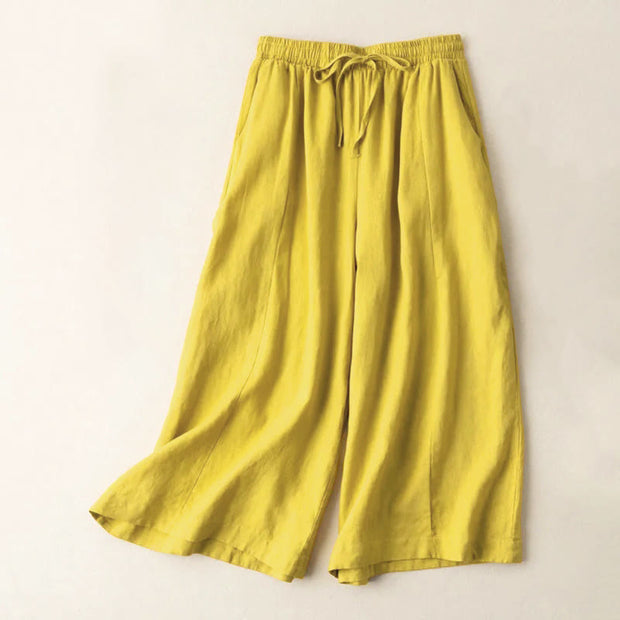 Buddha Stones Plain Color 7-8 Length Capri Cropped Pants Cotton Linen Women's Wide Leg Pants With Pockets - Gold - US12，UK/AU16，EU44 (3XL) - image 1