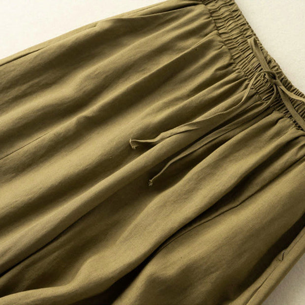 Buddha Stones Plain Color 7-8 Length Capri Cropped Pants Cotton Linen Women's Wide Leg Pants With Pockets - image 13