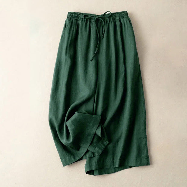 Buddha Stones Plain Color 7-8 Length Capri Cropped Pants Cotton Linen Women's Wide Leg Pants With Pockets - DarkSlateGray - US12，UK/AU16，EU44 (3XL) - image 20