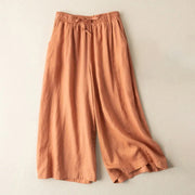 Buddha Stones Plain Color 7-8 Length Capri Cropped Pants Cotton Linen Women's Wide Leg Pants With Pockets - DarkOrange - US12，UK/AU16，EU44 (3XL) - image 16