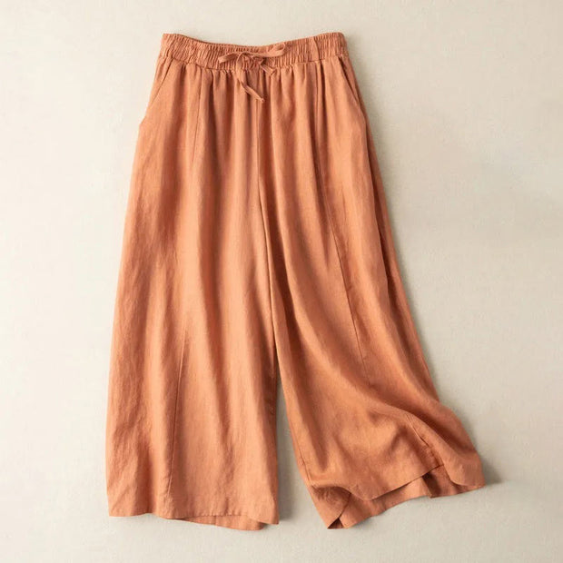 Buddha Stones Plain Color 7-8 Length Capri Cropped Pants Cotton Linen Women's Wide Leg Pants With Pockets - DarkOrange - US12，UK/AU16，EU44 (3XL) - image 16