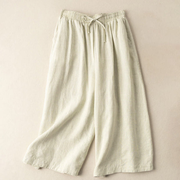 Buddha Stones Plain Color 7-8 Length Capri Cropped Pants Cotton Linen Women's Wide Leg Pants With Pockets - image 24