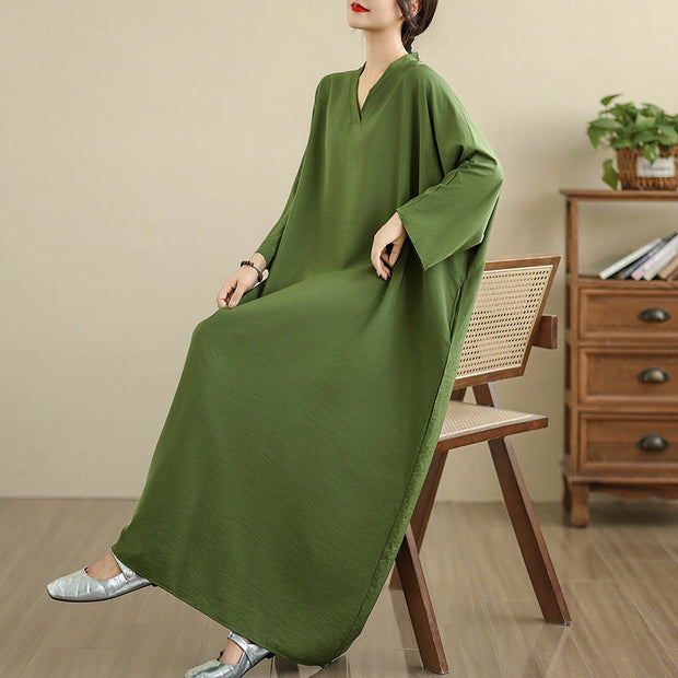 Buddha Stones Retro Casual Solid Color Long Sleeve Cotton Linen Maxi Dress With Pockets - image 8