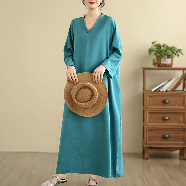Buddha Stones Retro Casual Solid Color Long Sleeve Cotton Linen Maxi Dress With Pockets - image 19