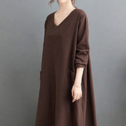 Buddha Stones Fall Casual Simple Design Long Sleeve Cotton Linen Maxi Dress With Pockets - image 4