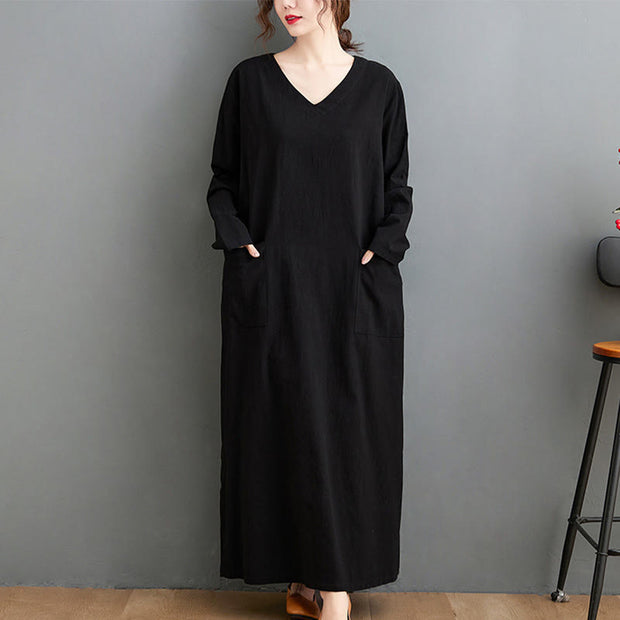 Buddha Stones Fall Casual Simple Design Long Sleeve Cotton Linen Maxi Dress With Pockets - Black - US4-8/10，UK/AU8-12/14，EU36-40/42(F) - image 6