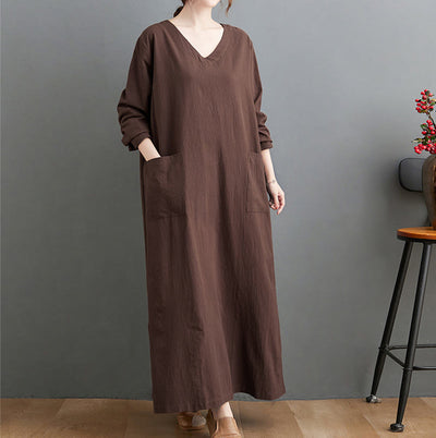 Buddha Stones Fall Casual Simple Design Long Sleeve Cotton Linen Maxi Dress With Pockets - SaddleBrown - US4-8/10，UK/AU8-12/14，EU36-40/42(F) - image 1