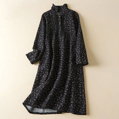 Buddha Stones Fall Printing Floral Buttons Lace Lapel Design Cotton Linen Midi Dress With Pockets - Black - US8-10，UK/AU12-14，EU40-42 (2XL) - image 1