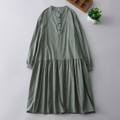Buddha Stones Casual Plaid Buttons Lantern Long Sleeve Cotton Midi Dress - MediumSeaGreen - US14，UK/AU18，EU46 (2XL) - image 1