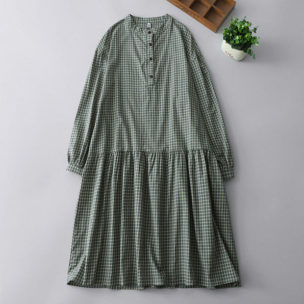 Buddha Stones Casual Plaid Buttons Lantern Long Sleeve Cotton Midi Dress - MediumSeaGreen - US14，UK/AU18，EU46 (2XL) - image 1