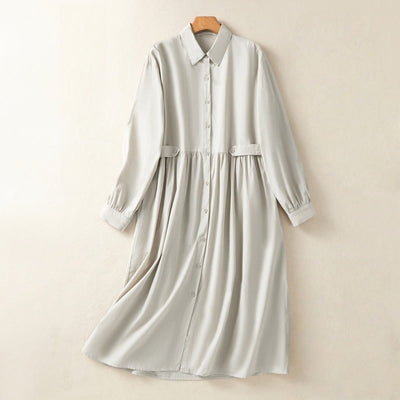 Buddha Stones Casual Plaid Pleats Buttons Design Long Sleeve Cotton Midi Dress With Pockets - Beige - US8-10，UK/AU12-14，EU40-42 (2XL) - image 1
