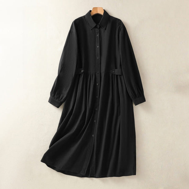 Buddha Stones Casual Plaid Pleats Buttons Design Long Sleeve Cotton Midi Dress With Pockets - Black - US8-10，UK/AU12-14，EU40-42 (2XL) - image 17