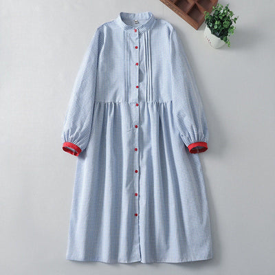 Buddha Stones Casual Plaid Pattern Long Lantern Sleeve Cotton Linen Midi Dress With Pockets - LightSkyBlue - US8-10，UK/AU12-14，EU40-42 (2XL) - image 1