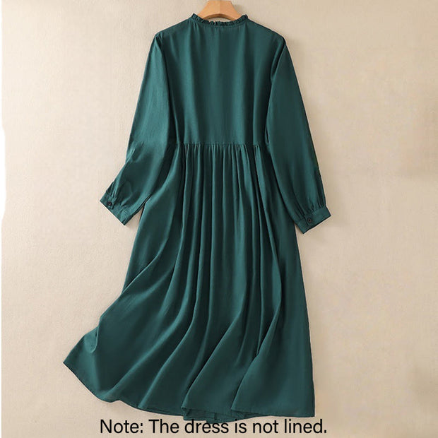 Buddha Stones DarkGreen Ruffled Crew Neck Buttons Design Cotton Midi Dress With Pockets - image 2