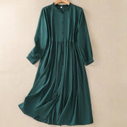 Buddha Stones DarkGreen Ruffled Crew Neck Buttons Design Cotton Midi Dress With Pockets - DarkGreen - US8-10，UK/AU12-14，EU40-42 (2XL) - image 1