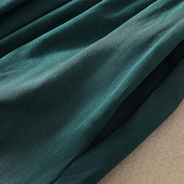 Buddha Stones DarkGreen Ruffled Crew Neck Buttons Design Cotton Midi Dress With Pockets - image 11