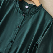 Buddha Stones DarkGreen Ruffled Crew Neck Buttons Design Cotton Midi Dress With Pockets - image 4