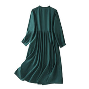 Buddha Stones DarkGreen Ruffled Crew Neck Buttons Design Cotton Midi Dress With Pockets - image 14