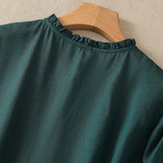 Buddha Stones DarkGreen Ruffled Crew Neck Buttons Design Cotton Midi Dress With Pockets - image 5
