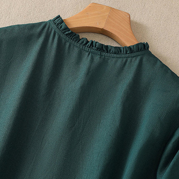 Buddha Stones DarkGreen Ruffled Crew Neck Buttons Design Cotton Midi Dress With Pockets - image 5