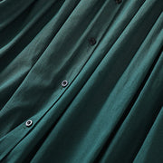 Buddha Stones DarkGreen Ruffled Crew Neck Buttons Design Cotton Midi Dress With Pockets - image 7