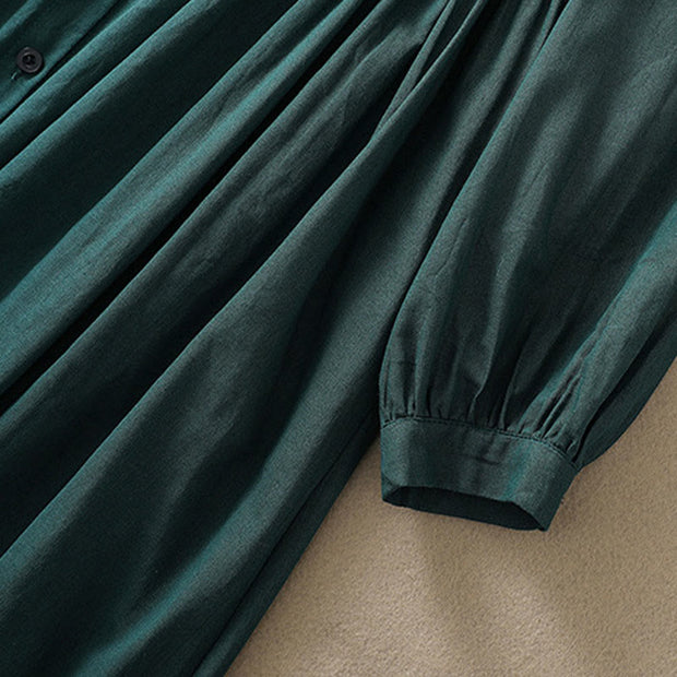 Buddha Stones DarkGreen Ruffled Crew Neck Buttons Design Cotton Midi Dress With Pockets - image 9