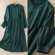 Buddha Stones DarkGreen Ruffled Crew Neck Buttons Design Cotton Midi Dress With Pockets - image 13