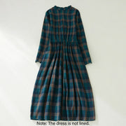 Buddha Stones Vintage Plaid Ruffled V-Neck Drawstring Cotton Linen Midi Dress With Pockets - image 4