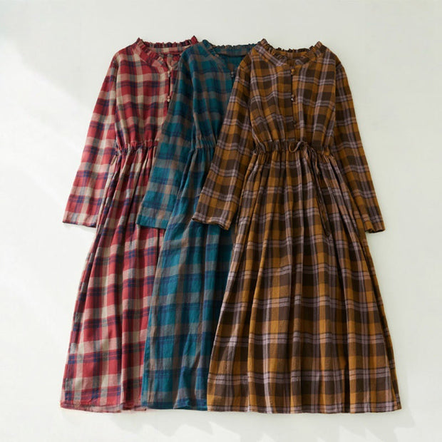 Buddha Stones Vintage Plaid Ruffled V-Neck Drawstring Cotton Linen Midi Dress With Pockets - image 11
