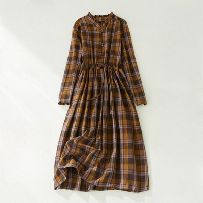 Buddha Stones Vintage Plaid Ruffled V-Neck Drawstring Cotton Linen Midi Dress With Pockets - DarkGoldenrod - US8-10，UK/AU12-14，EU40-42 (2XL) - image 1