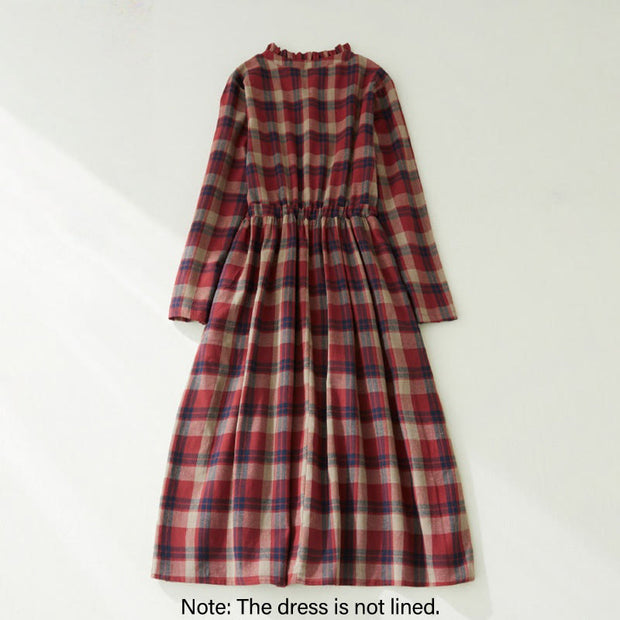 Buddha Stones Vintage Plaid Ruffled V-Neck Drawstring Cotton Linen Midi Dress With Pockets - image 10