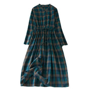 Buddha Stones Vintage Plaid Ruffled V-Neck Drawstring Cotton Linen Midi Dress With Pockets - image 8
